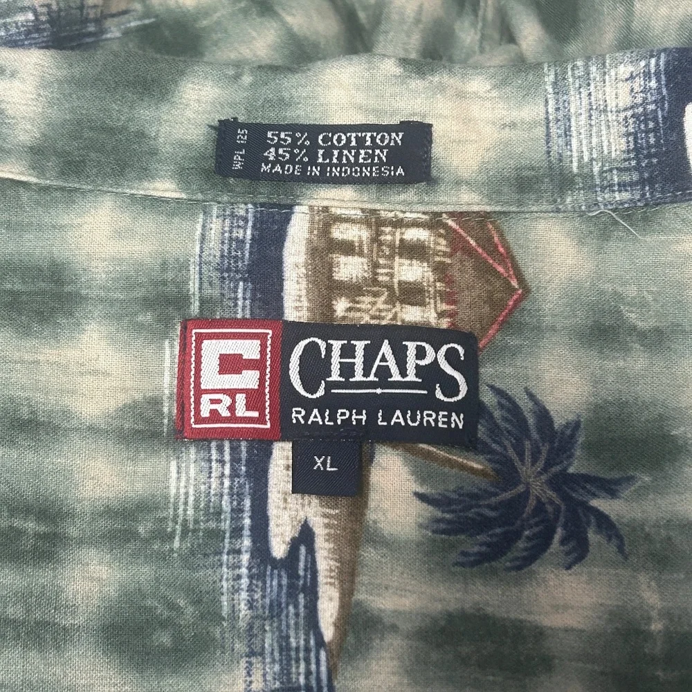 Chaps Ralph Lauren Hawaiian Shirt Tiki Aloha Print Cotton Linen Island Print - Picture 12 of 16